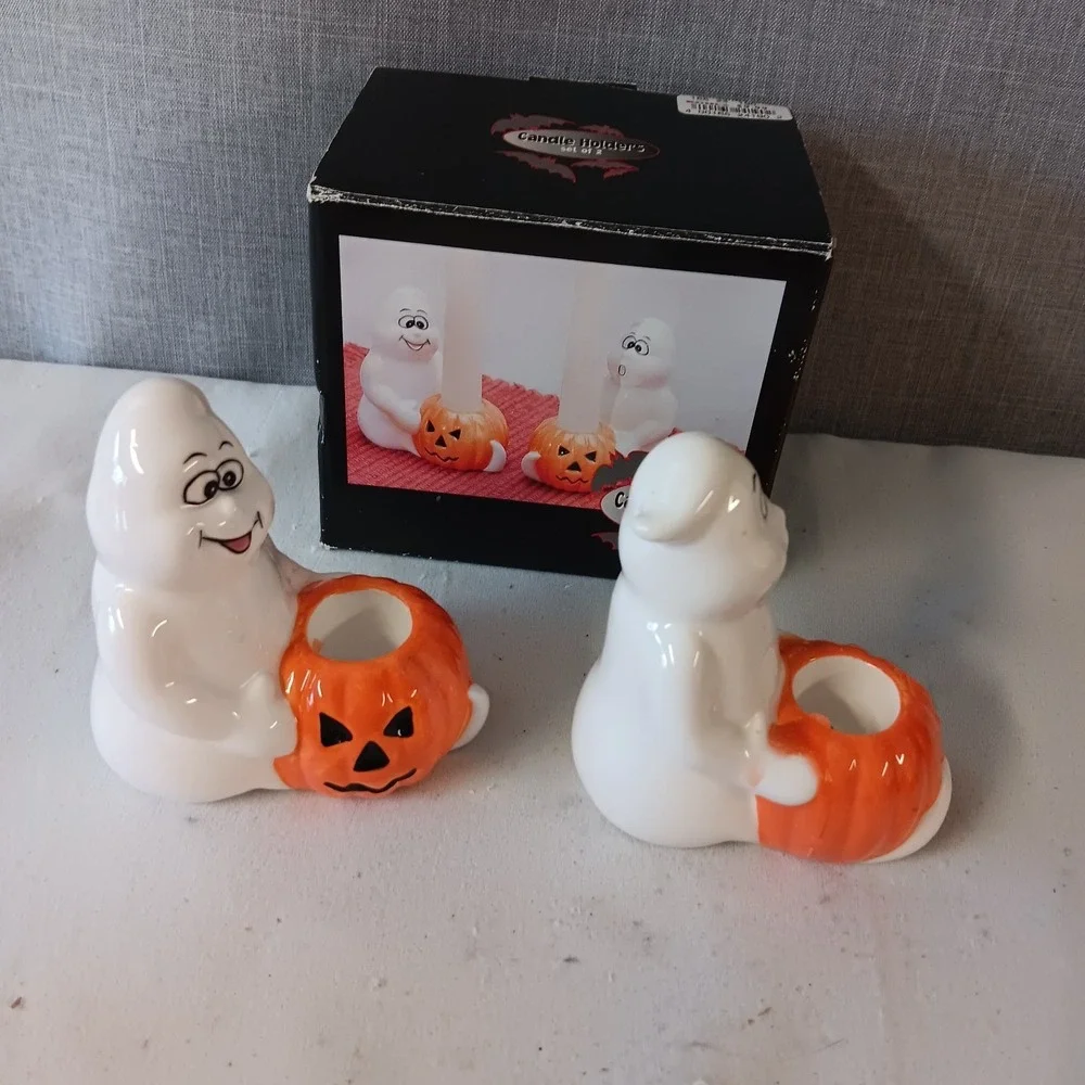 Vintage Halloween Ceramic Ghost Pumpkin Taper Candle Holders Set of 2 Decor